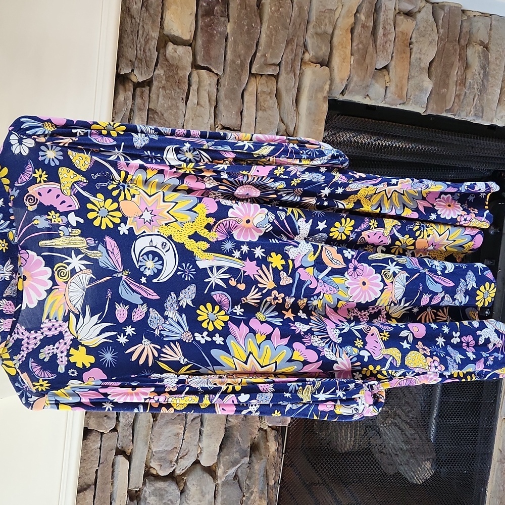 Modcloth Shift Dress sz L mushrooms floral whimsy Navy Pink - Picture 7 of 13
